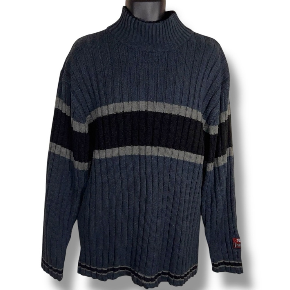 XL Vintage 90s South Pole Blue Striped Turtleneck Sweater Mens Long Sleeve Knit